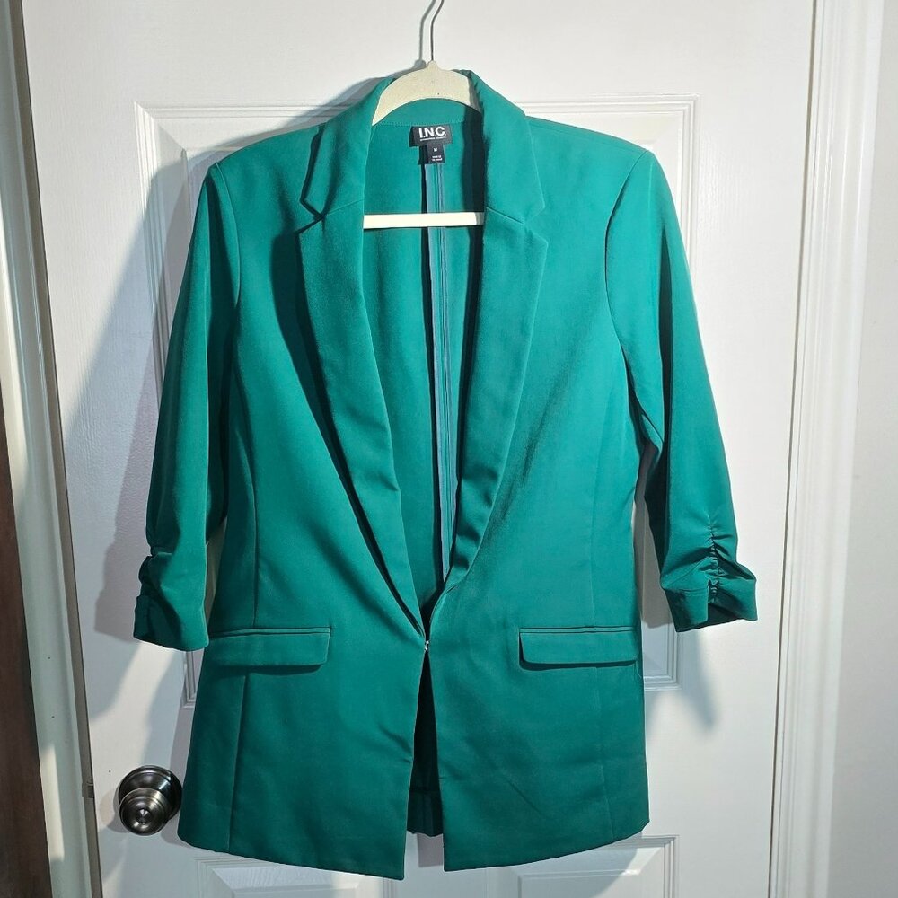 Women's Clasp Front, Blazer, Scrunched Sleeves, Dark Green, I.N.C, M